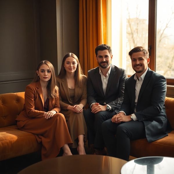 Echipă profesională mică de patru consultanți într-un interior warm charcoal-gold