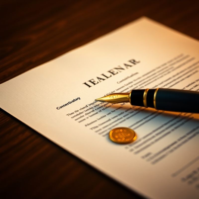 Document juridic cu stilou și sigiliu auriu pe un birou din lemn închis
